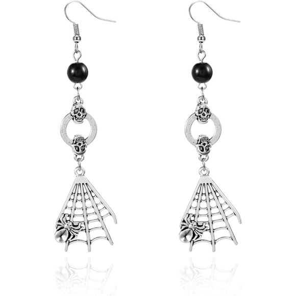 Women's Silver Halloween Skeleton Spider Pumpkin Party Ghost Dangle Earrings - Picture 7 of 7